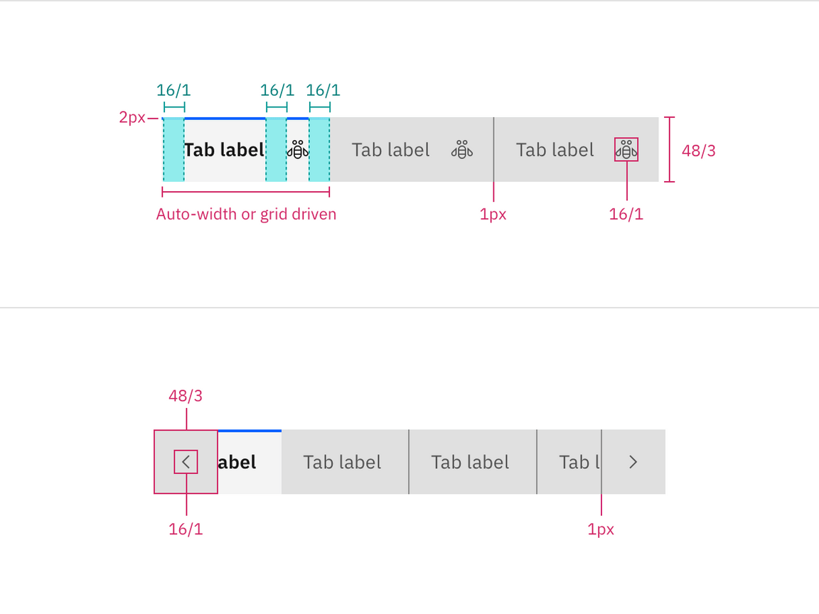 Structure and spacing measurements for line tabs in px and rem